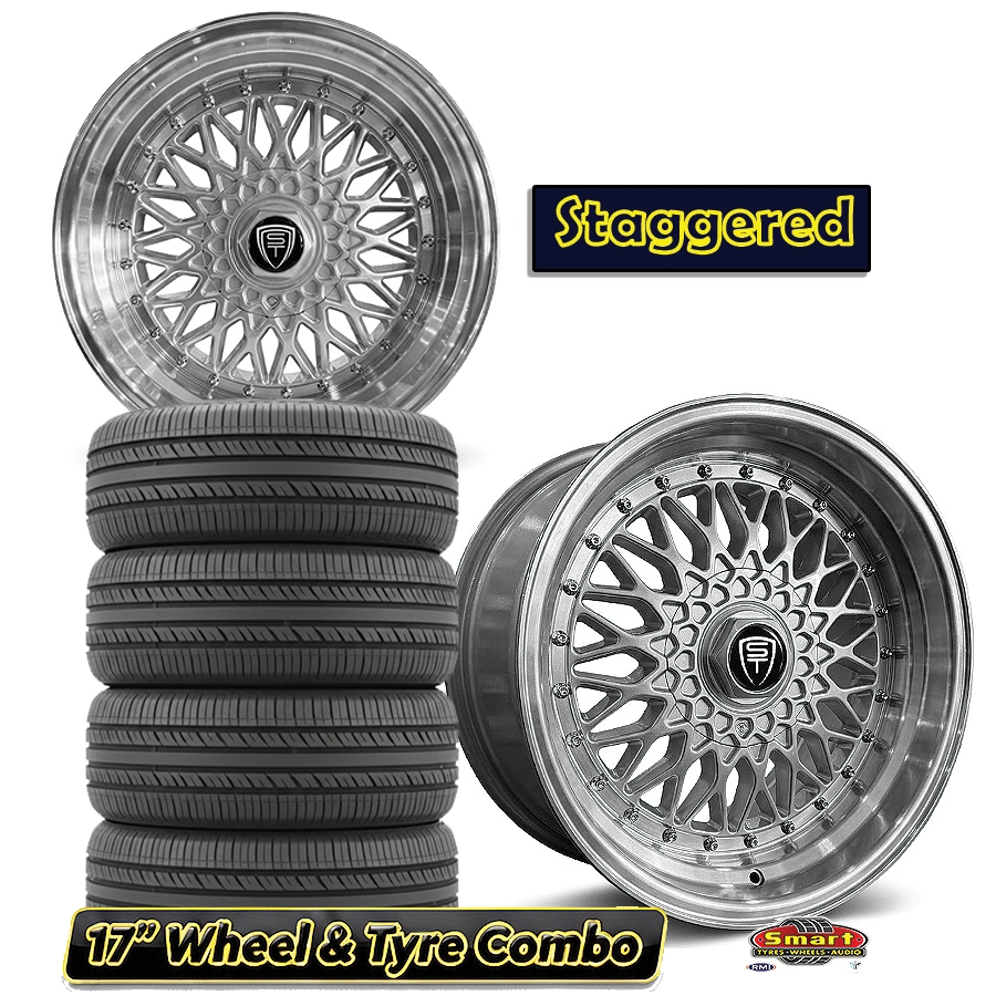 17" POLO 5x100 BBS RS STYLE STAGGERED WHEEL & TYRE COMBO