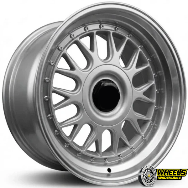 17"x8.5 5X100/4X100 OY10BBS11 MAG WHEEL SET SILVER MACHINED LIP + CHROME RIVETS