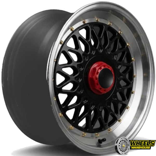 17"x8 4X100/5X100 OYA369 MAG WHEEL SET BLACK MACHINED LIP + GOLD RIVET