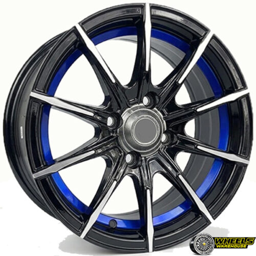 14″x5.5 4X100 OYTOS913 MAG WHEEL SET BLACK MACHINED FACE+BLUE LIP
