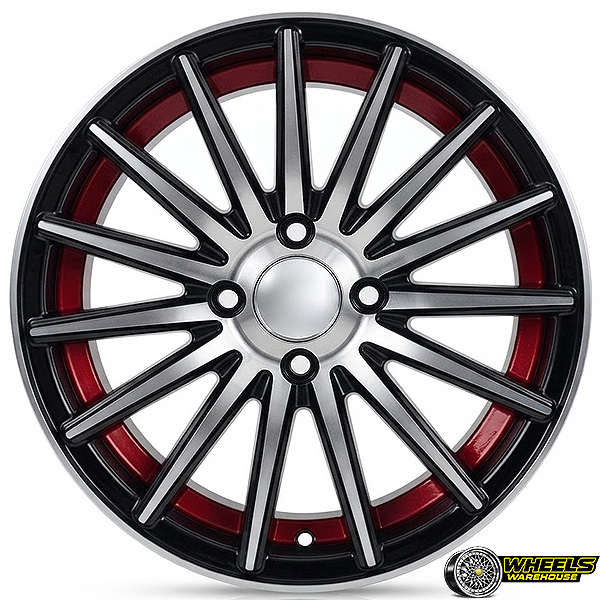 14"x6 4X100 YZTV63 MAG WHEEL SET BLACK MACHINED FACE+RED LIP - Image 2