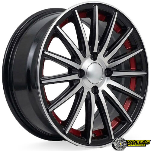 14″x6 4X100 YZTV63 MAG WHEEL SET BLACK MACHINED FACE+RED LIP