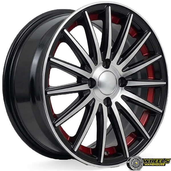14"x6 4X100 YZTV63 MAG WHEEL SET BLACK MACHINED FACE+RED LIP