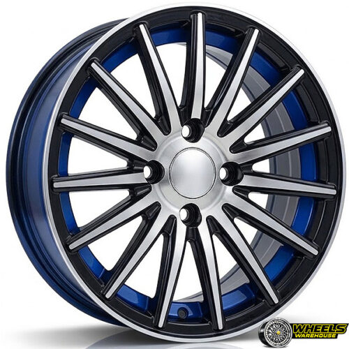 14″x6 4X100 YZTV64 MAG WHEEL SET BLACK MACHINED FACE+BLUE LIP