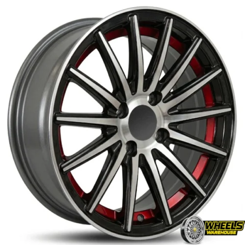 14″x6 4X100 YZTV64 MAG WHEEL SET BLACK MACHINED FACE+RED LIP