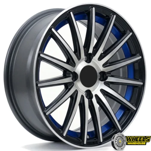 14″x6 4X100 YZTV65 MAG WHEEL SET BLACK MACHINED FACE+BLUE LIP
