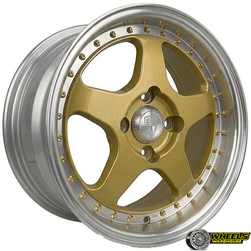 14″x5.5 4X100 YZT25 MAG WHEEL SET GOLD MACHINED LIP+GR