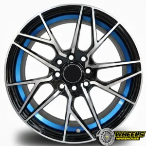 15"x7.0 4X100/4X114 DX244 MAG WHEEL SET BLACK MACHINE FACE+BLUE U CUT
