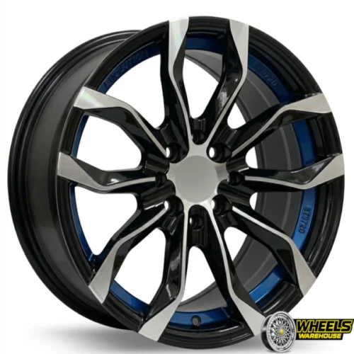 15″x7 4X100/4X114 DX151-OYTBB847 MAG WHEEL SET BLACK MACHINE FACE+BLUE UNDERCUT