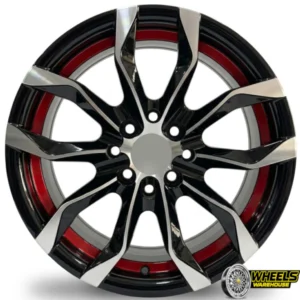 15"x7.0 4X100/4X114 DX151 MAG WHEEL SET BLACK MACHINE FACE+RED LINE