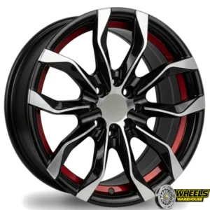 15"x7.0 4X100/4X114 DX151 MAG WHEEL SET BLACK MACHINE FACE+RED LINE