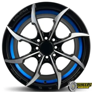 15"x7.0 4X100/4X114 DX243 MAG WHEEL SET BLACK MACHINE FACE+BLUE UNDERCUT