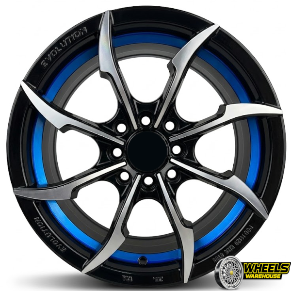 15"x7.0 4X100/4X114 DX243 MAG WHEEL SET BLACK MACHINE FACE+BLUE UNDERCUT - Image 2