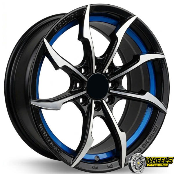 15"x7.0 4X100/4X114 DX243 MAG WHEEL SET BLACK MACHINE FACE+BLUE UNDERCUT