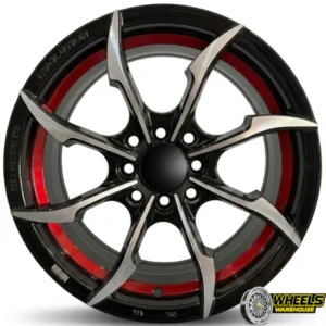 15"x7.0 4X100/4X114 DX243 MAG WHEEL SET BLACK MACHINE FACE+RED UNDERCUT