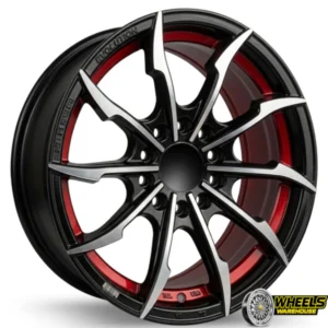15"x7.0 4X100/4X114 DX243 MAG WHEEL SET BLACK MACHINE FACE+RED UNDERCUT