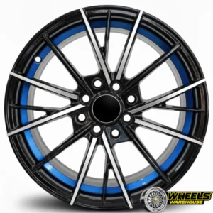 15"x7.0 4X100/4X114 DX245 MAG WHEEL SET BLACK MACHINE FACE+BLUE UNDERCUT