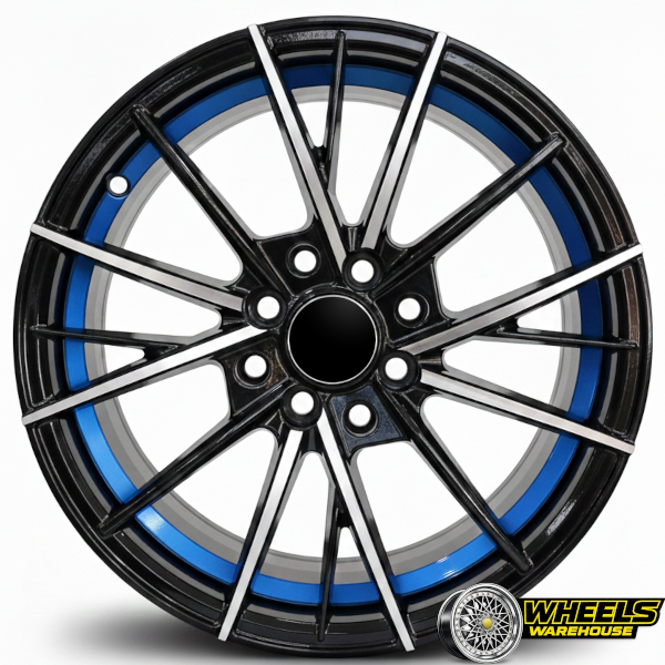 15"x7.0 4X100/4X114 DX245 MAG WHEEL SET BLACK MACHINE FACE+BLUE UNDERCUT - Image 2