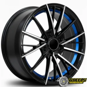 15"x7.0 4X100/4X114 DX245 MAG WHEEL SET BLACK MACHINE FACE+BLUE UNDERCUT