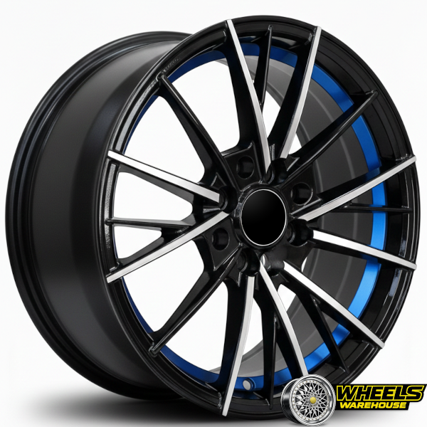 15"x7.0 4X100/4X114 DX245 MAG WHEEL SET BLACK MACHINE FACE+BLUE UNDERCUT