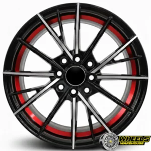 15"x7.0 4X100/4X114 DX245 MAG WHEEL SET BLACK MACHINE FACE+RED UNDERCUT
