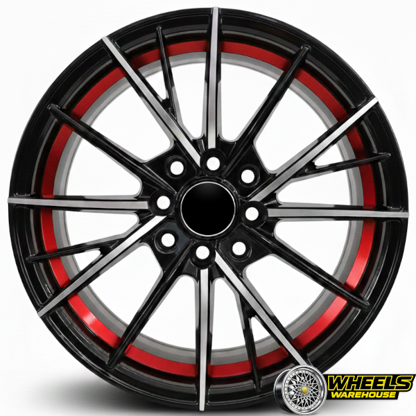 15"x7.0 4X100/4X114 DX245 MAG WHEEL SET BLACK MACHINE FACE+RED UNDERCUT - Image 2