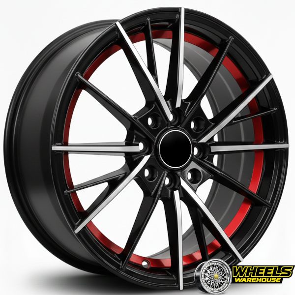 15"x7.0 4X100/4X114 DX245 MAG WHEEL SET BLACK MACHINE FACE+RED UNDERCUT