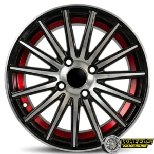 15"x7.0 4X100 YZTV67 MAG WHEEL SET BLACK MACHINE FACE+RED CONCAVE
