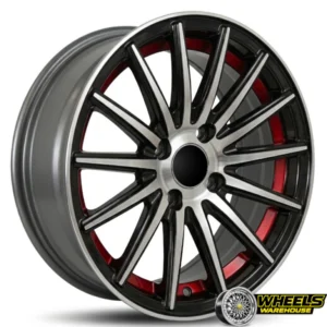 15"x7.0 4X100 YZTV67 MAG WHEEL SET BLACK MACHINE FACE+RED CONCAVE
