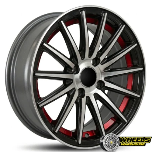 15″x7.0 4X100 YZTV67 MAG WHEEL SET BLACK MACHINE FACE+RED CONCAVE