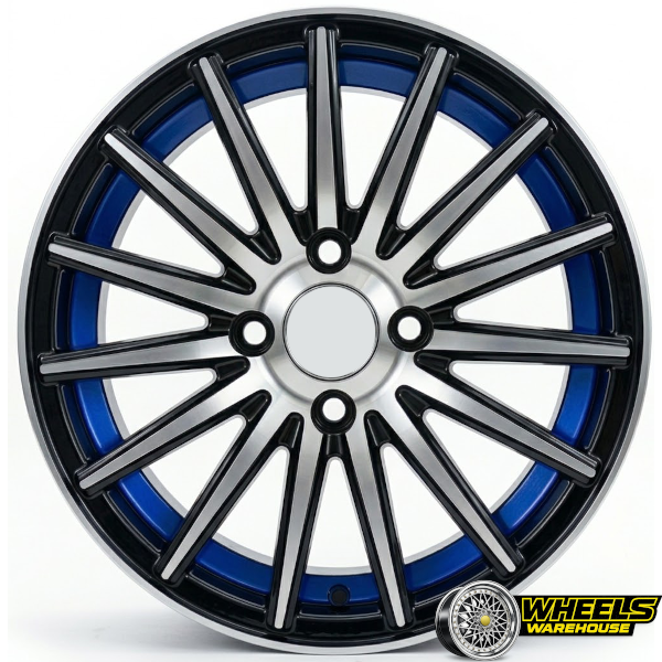 15"x7.0 4X100 YZTV68 MAG WHEEL SET BLACK MACHINE FACE+BLUE CONCAVE - Image 2