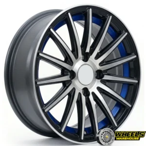 15"x7.0 4X100 YZTV68 MAG WHEEL SET BLACK MACHINE FACE+BLUE CONCAVE