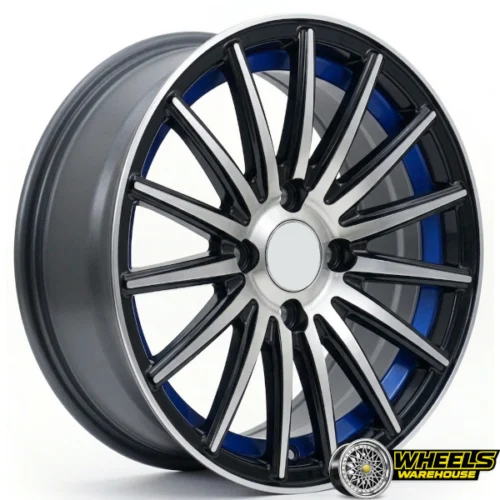 15″x7.0 4X100 YZTV68 MAG WHEEL SET BLACK MACHINE FACE+BLUE CONCAVE