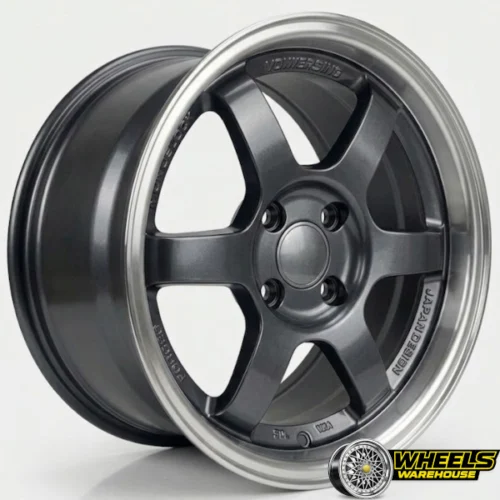 15″x7.0 4X100 DX146 MAG WHEEL SET HYPER BLACK MACHINED LIP+RED STICKER