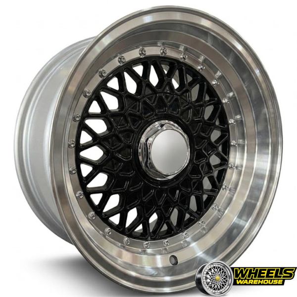 15"x6.5-7.5 5X100/5X114 OYA447 MAG WHEEL SET BLACK MACHINED LIP+SILVER RIVET
