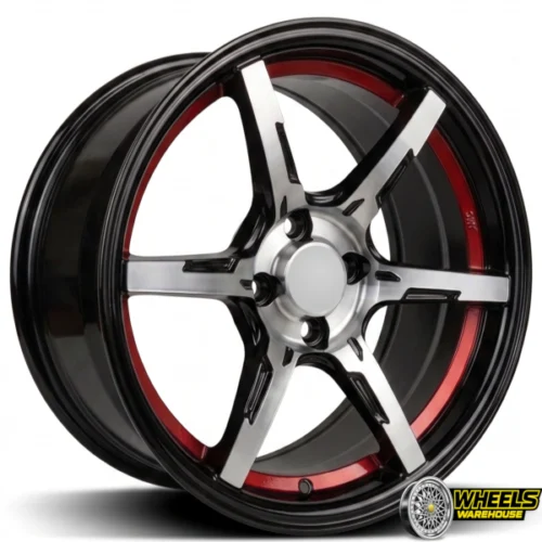 15″x8.5 4X100 YZT44 MAG WHEEL SET MACHINE BLACK RED LINE