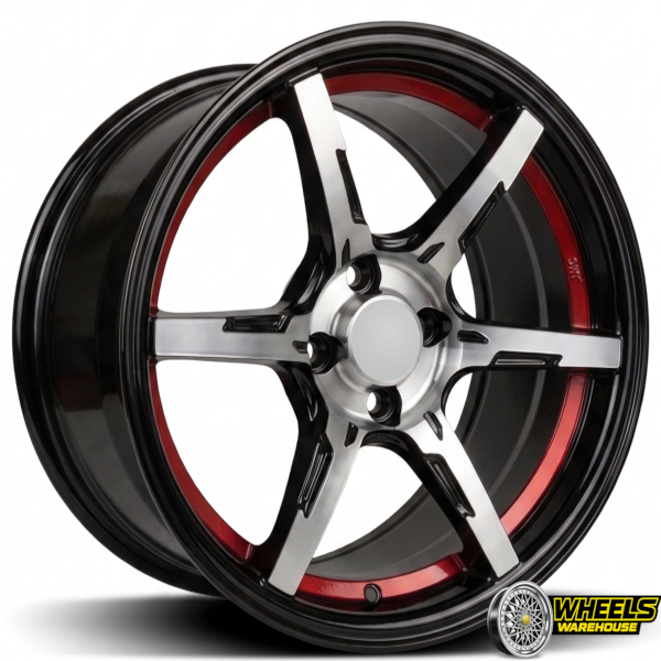 15"x8.5 4X100 YZT44 MAG WHEEL SET MACHINE BLACK RED LINE