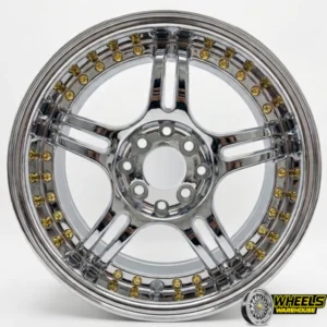 15"x7 4X100/4X114 YZTMCB49 MAG WHEEL SET FULL CHROME+GOLD RIVETS