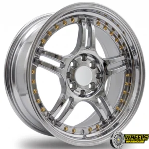 15"x7 4X100/4X114 YZTMCB49 MAG WHEEL SET FULL CHROME+GOLD RIVETS