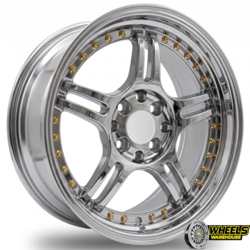 15″x7 4X100/4X114 YZTMCB49 MAG WHEEL SET FULL CHROME+GOLD RIVETS