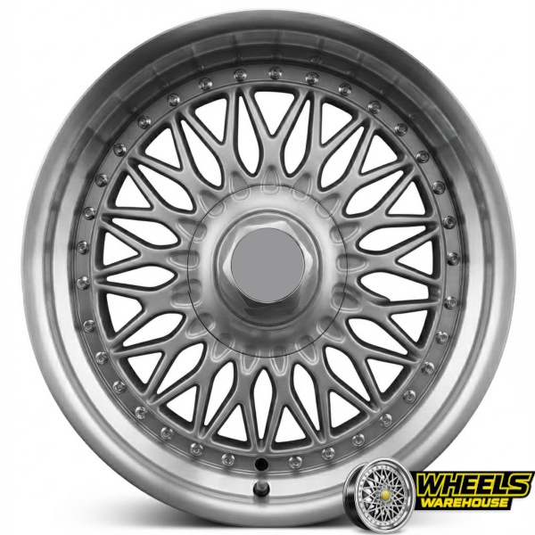 17"x8 5X112/5X120 OYTBB854 MAG WHEEL SET SILVER + POLISHED LIP, CHROME RIVETS - Image 2